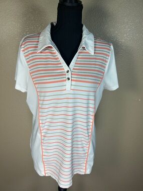 Zenergy by Chico’s Striped Polo Top Size 2 White Coral Athletic Casual